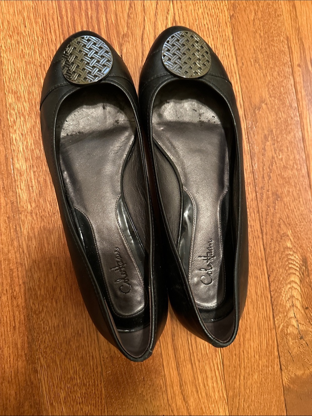 Cole Haan Black Leather Ballet Flats with Decorative Medallion